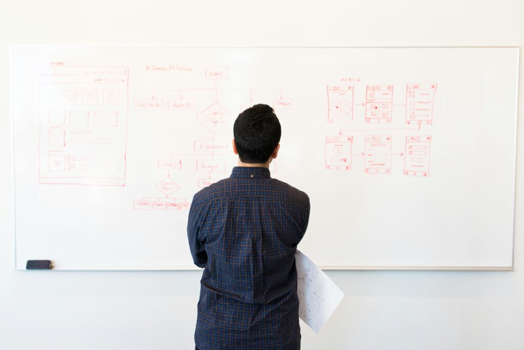 Man analyzing design flowchart on whiteboard in a professional office setting.